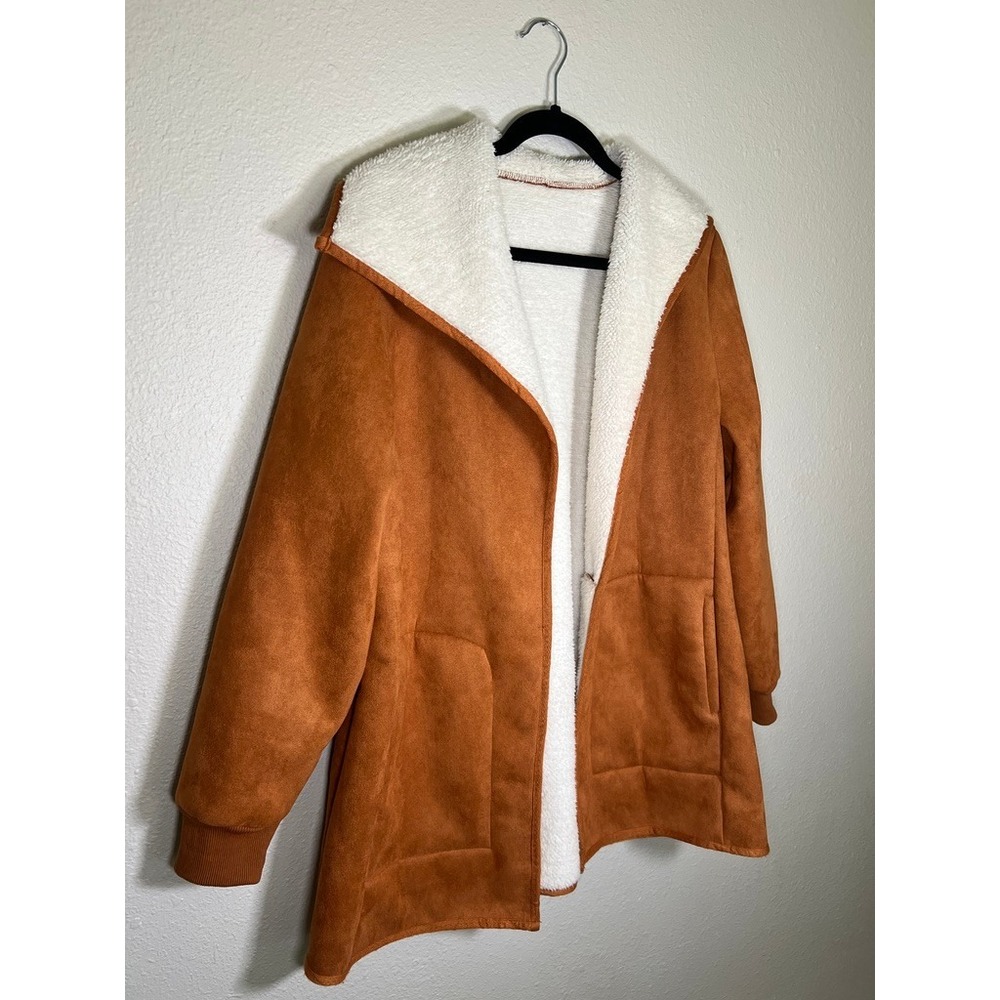 Faux Suede Sherpa Lined Open Front Jacket Size M Cognac Brown Cozy Cabincore - Picture 12 of 12